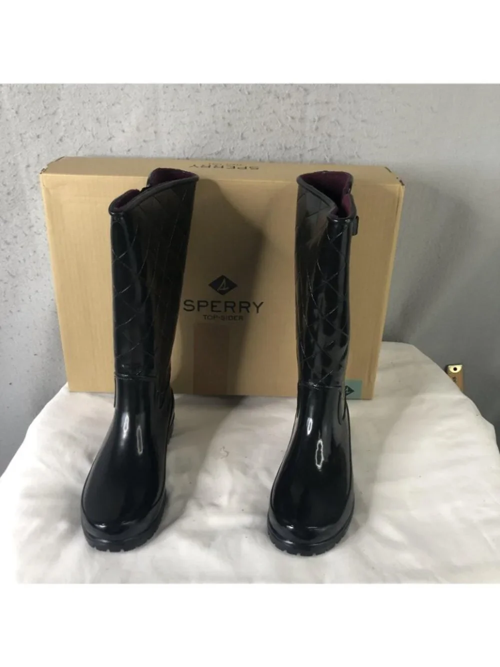 Sperry Top-Sider Boots Womens Size 7 Black Quilted Mid Calf Rain Pelican III